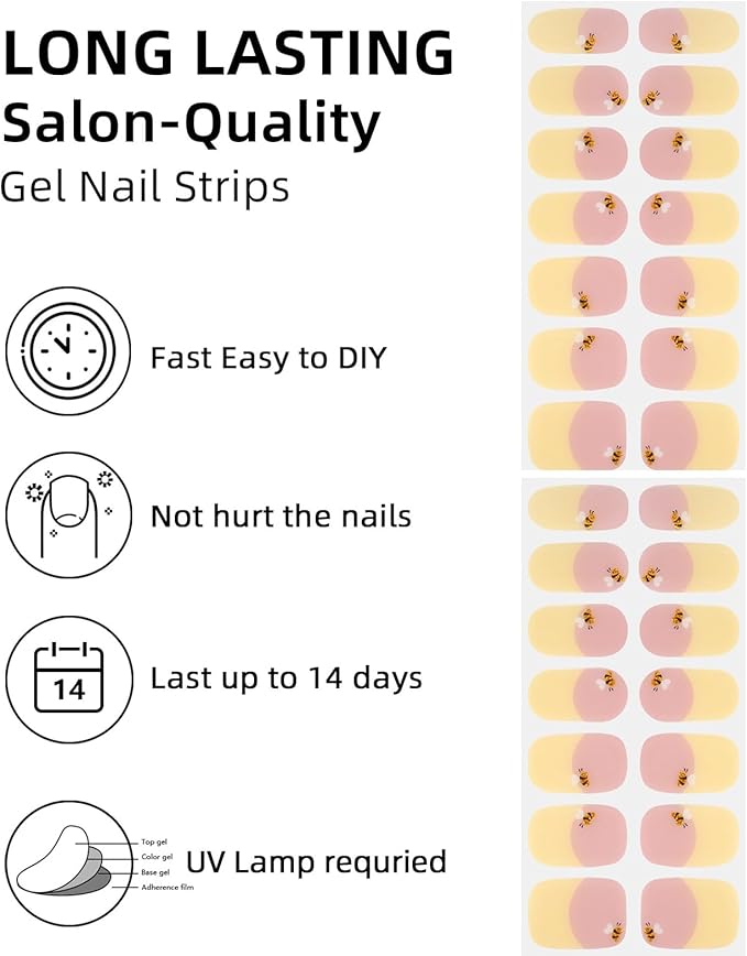 Semi Cured Gel Nail Strips,28 pcs French Gel Nail Stickers with UV Light Required,Long Lasting Nail Art Stickers, Easy to Apply（French Yellow）