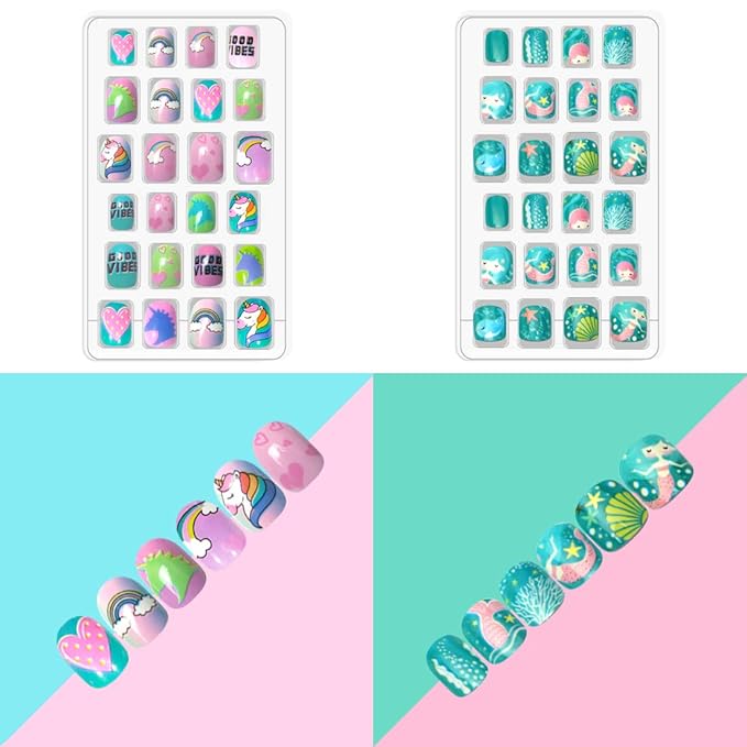 Allstarry 120pcs 5 pack Children Nails Press on Pre-glue Full Cover Glitter Gradient Color Rainbow Short False Nail Kits Lovely Gift for Children Little Girls Nail Art Decoration - Unicorn & Rainbow