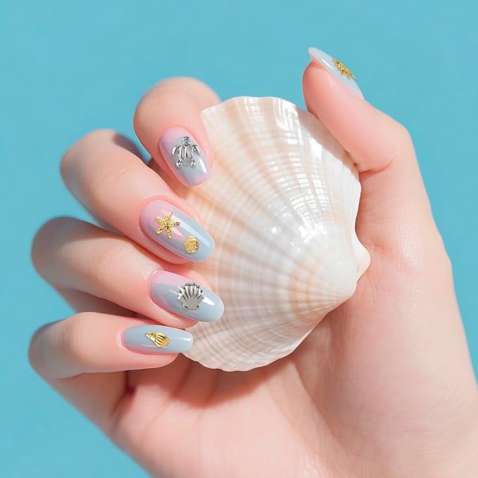 2 Disc Ocean Nail Art Charms, 3D Metal Nails Stickers, Beach Starfish Seashell Decals Manicure DIY Embellishments for Women- Gold& Silver