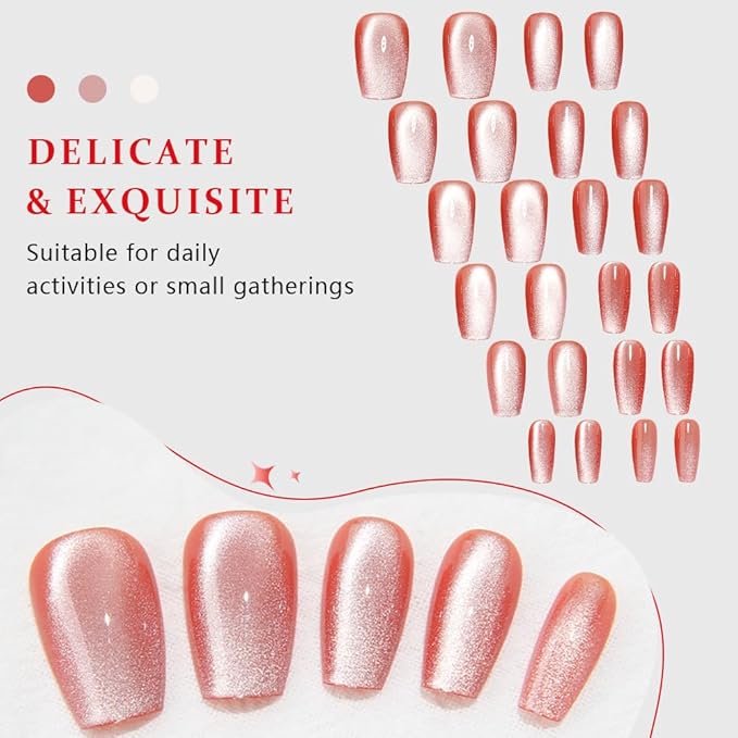 evpct Pink Cat Eye Coffin Press on Nails Square Medium, Medium Square Stick on Nails for Women Gift, Warm Pink Metallic Glitter Glossy Reusable Spring Summer Gel Press on Acrylic Fake Nail with Design