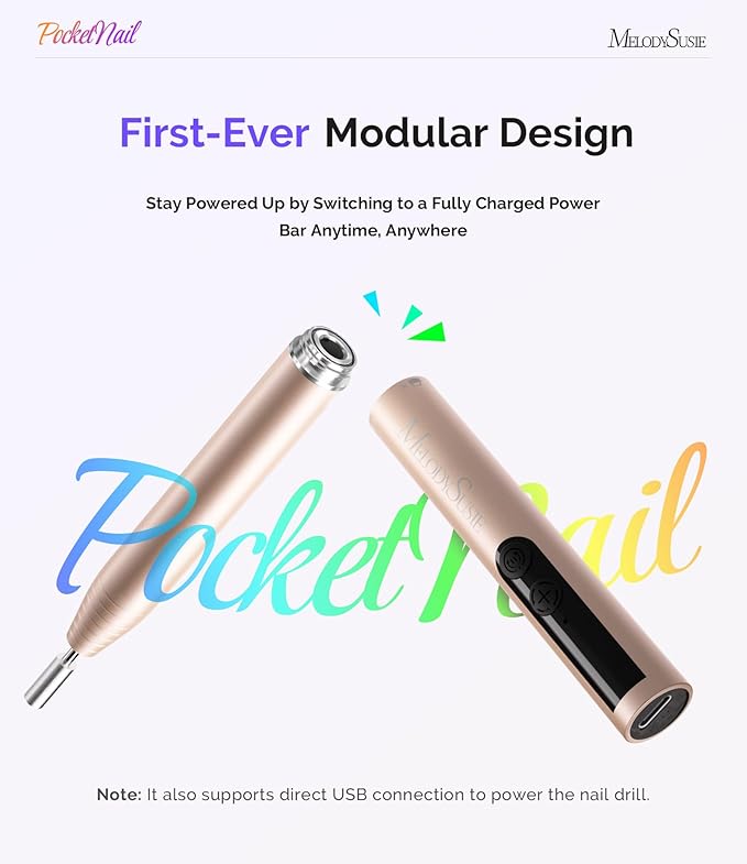 MelodySusie PocketNail Pen-Shaped Cordless Modular Nail Drill, PC100GR 20000RPM Slim Portable Rechargeable Electric File for Manicure Pedicure Nail Care, Shaping & Gel Removal at Home for Beginners