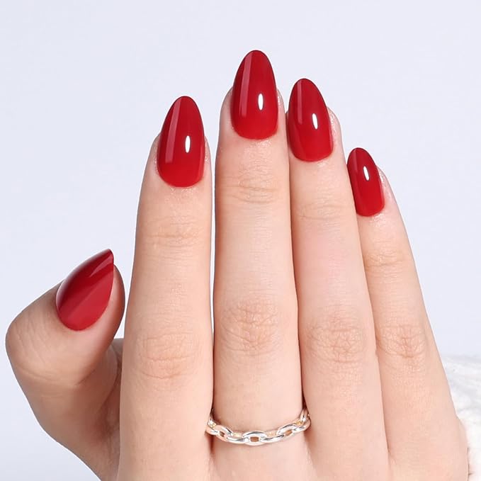 Red Press On Nails Almond - Red Milk Short Fake Nails, Almond Press On Nails Reusable Stick On Nails in 16 Sizes, 32pcs False Nail Kit for Women & Girls