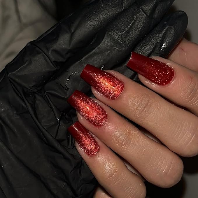 KQueenest Cat Eye Press on Nails Long Medium Square, Glitter Dark Red Fake Nails Press ons Coffin, Press on Acrylic Nails Bling Chrome Glue on Nails for Women Birthday Party Salon Manicure, 30 Pcs