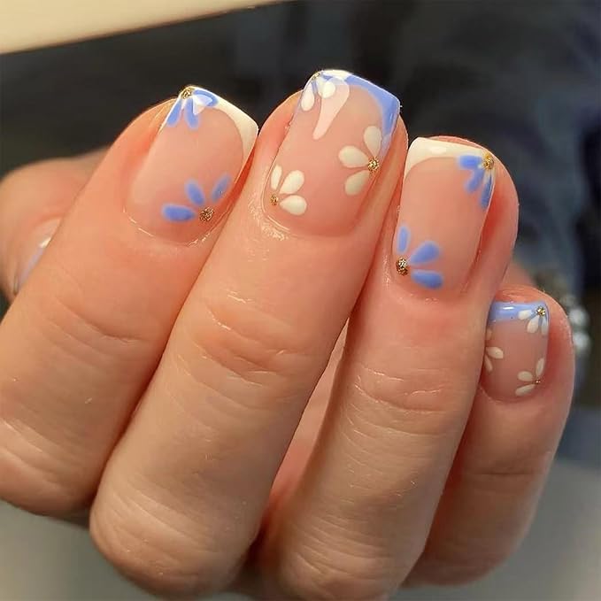 White French Press on Nails Short Square Fake Nails 24 Pcs Kit False Nails with Flowers Designs Press Nude Artificial Glue on Nails Glossy Nail Tips Full Cover Acrylic Stick on Nail for Women