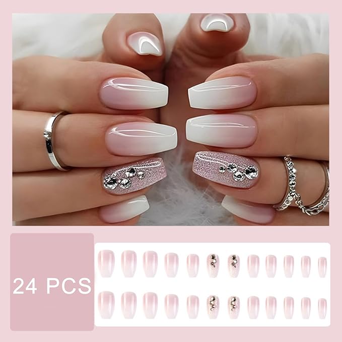 Glitter Gradient Press on Nails Medium Square Fake Nails Solid Nude False Nails with Rhinestone Design Full Cover Nude French Glossy Acrylic Nails for Women and Girls DIY Manicure Decoration 24Pcs