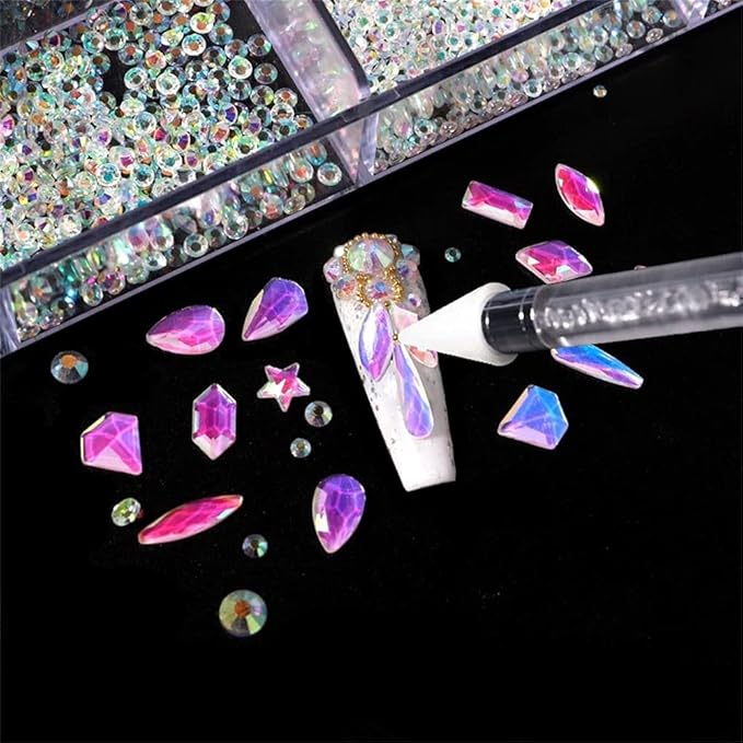 1 Box 21 Grid Mocha Opal Rhinestones for Nails 600 Pcs Multi Shapes Nail Rhinestone Gems Nail Jewels with 2500 Pcs Crystal Rhinestones Diamonds Nail Dotting Pen Kits for Nail Art Craft Acrylic Nails