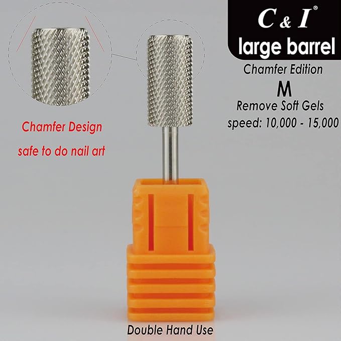 C & I Large Barrel Nail Drill Bit, Chamfer Edition, Professional E-File for Nail File Machine, Designed to Remove Nail Gels, Acrylics, and other nail color covers 3/32” (Middle - M)