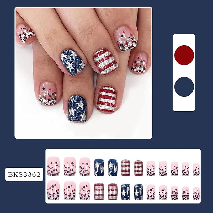 24Pcs 4th of July Press on Nails Short Square Fake Nails with Glitter Stars Stripe Design Acrylic Nails Silvery French Tip False Nails Full Cover Glossy Independence Day Stick on Nails for Women