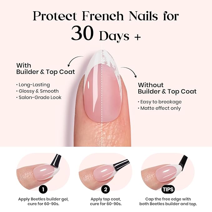 Beetles X Press Plus French Tip Nails | Petal French | Pink Ultra-Short Almond French Tip Press On Nails-210 Pcs 16 Sizes Natural Salon Quality Nail Tips