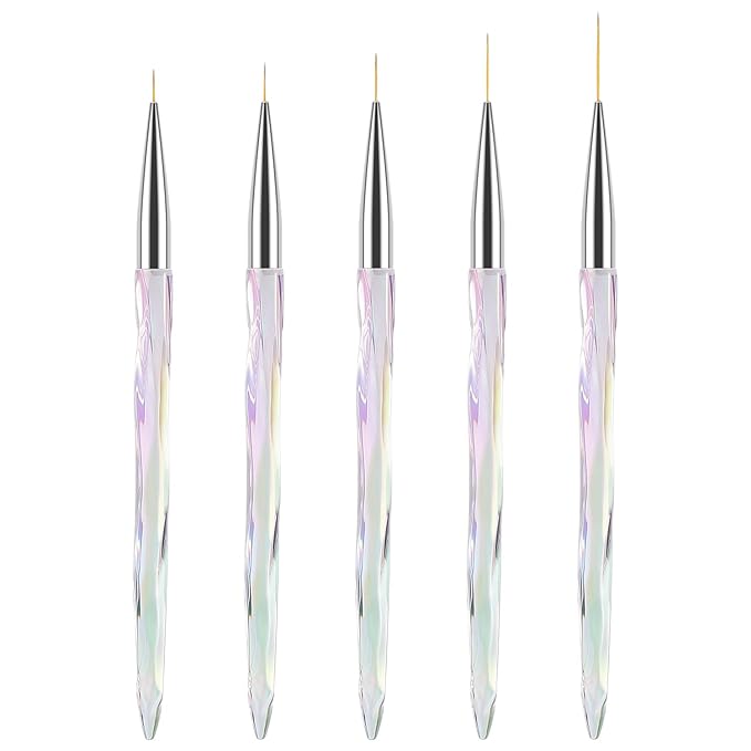 TEOYALL Nail Art Liner Brushes, Fine Line Nail Brush 7/9/11/15/20mm Thin Detail Precision Drawing Brushes for Gel Nail Polish