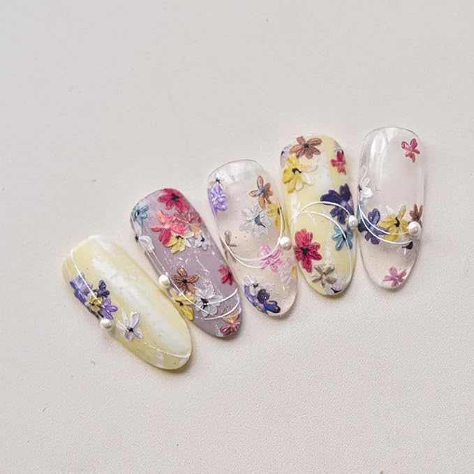 Flower Nail Stickers Colorful Plant Nail Decals Floral Nail Decals with Design 5D Embossed Self Adhesive Spring Summer Nail Charms for Women Girls Kid Manicure Supply Decoration Accessories