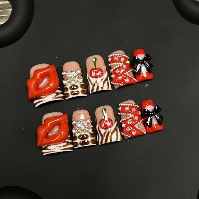 10pcs Handmade Press on Nails for Women - Medium Duck Curve 3D Thick Acrylic Fake Nails Reusable,Designer Floral Butterfly Rhinestones Bling Boho Funky Y2k Nail-art Set,S,red lips