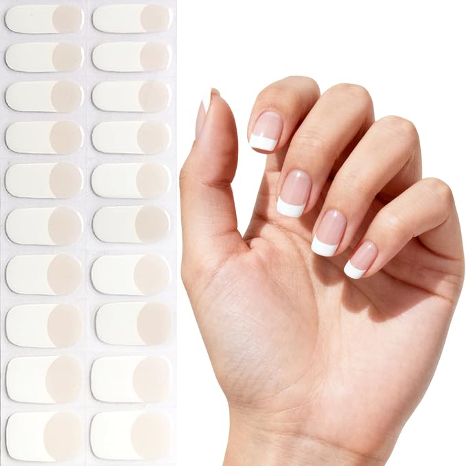 Semi Cured Gel Nail Strips - White French Tip with Clear Base, 20 Pcs DIY at Home Nail Art, UV/LED Lamp Required, Beginner Friendly & Salon Quality Manicure