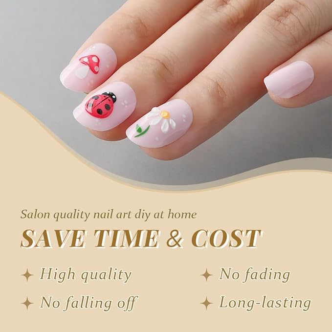 evpct Baby Pink Press on Nails Medium Oval, Glossy Artificial 3D Fake Nails Kit with Design, Spotted Ladybug & Butterfly & Mushroom & Flower, Stick on Nails with Nail Kit, Reusable Stick on Nail Kit