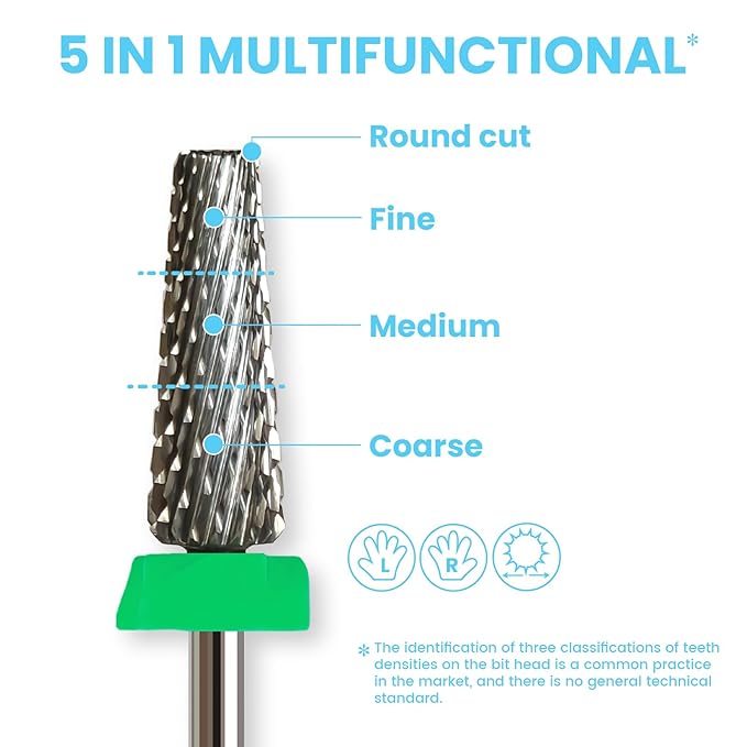 16mm 5 in 1 Tapered Barrel Nail Drill Bits, 3/32'' Safety Tungsten Carbide Bits, Right & Left Rotation, Manicure Cuticle Gel Acrylic Removal Polishing, Technicians Bits, Coarse