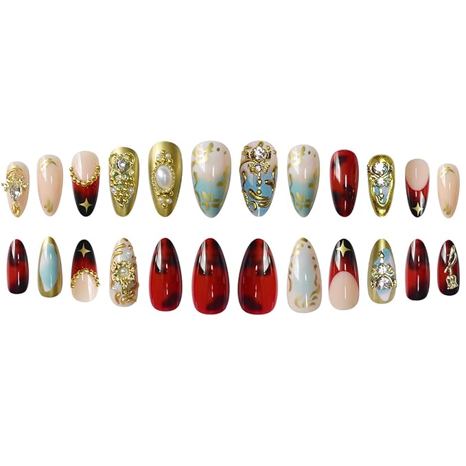 Almond Press on Nails Medium Fake Nails Gold Artificial Nail with Rhinestones and Gold Charm Designs French Tip Sparkly Stick on Nail for Women 24pcs