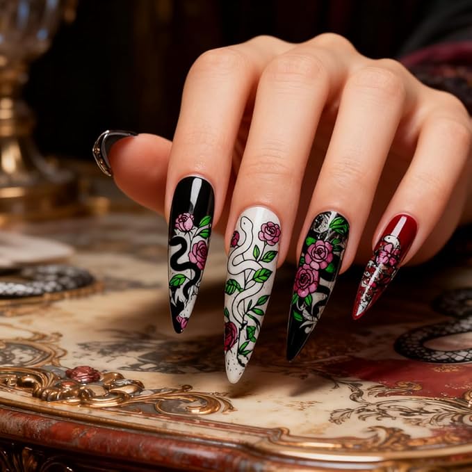 PH PandaHall 3pcs Snake Flower Nail Stamping Plate, Dark Romantic Style Nail Art Templates Mysterious Stainless Steel Image Plate Art Stencils with Tools for Women DIY Print Manicures Salon Design