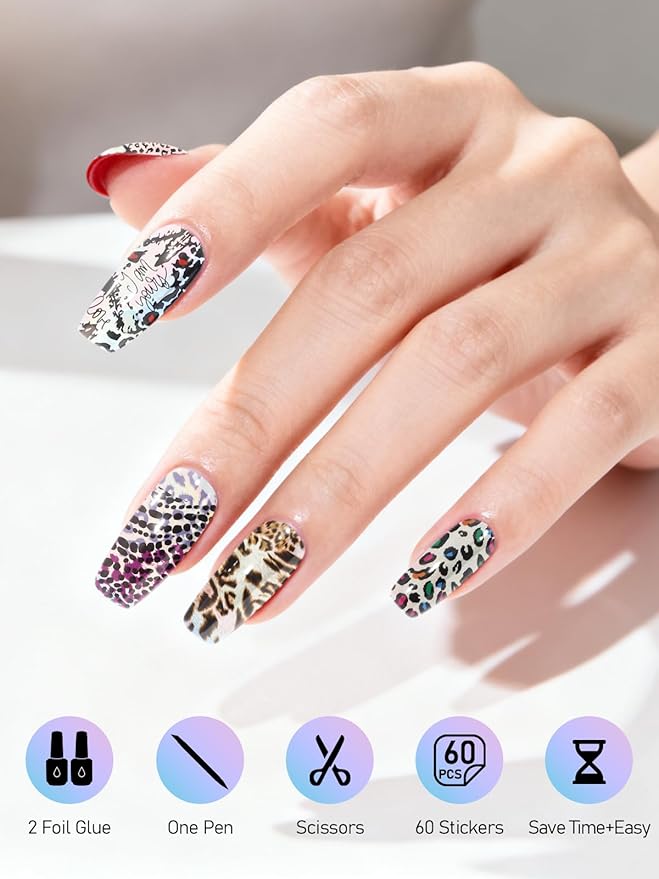 Kalolary 30ML Nail Foil Glue Gel with 60Pcs Foil Transfer Stickers Set, Holographic Laser Buffalo Plaid Flower Leopard Cheetah Nail Art Transfer Stickers for Salon Home Use