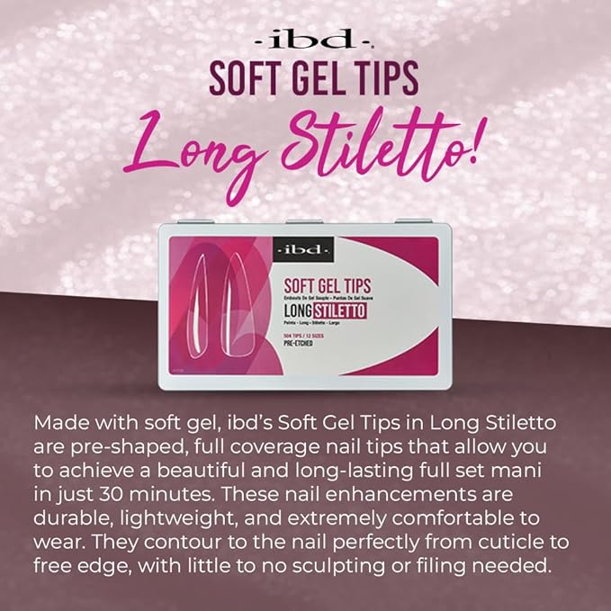 IBD Clear Soft Gel Nail Tips - Long Stiletto Shape, Pre-Etched Fake Nail Extensions for Durable, Lightweight Application, Acrylic Press On Nails, 504 Tips, 1-Pack