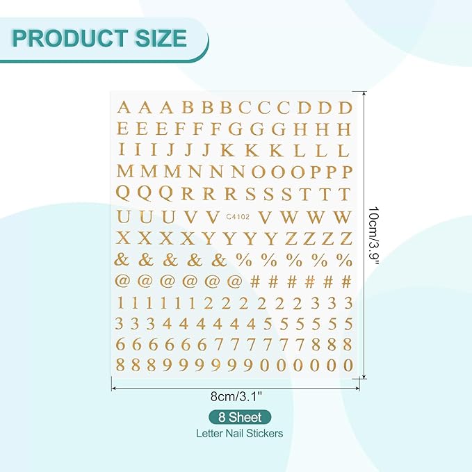 PATIKIL Letter Nail Stickers, 8 Sheet 3D Self-Adhesive English Letter Nail Decal Small Alphabet Art Sticker Metallic Fluorescence Design Manicure for Women DIY Decor, Laser Gold