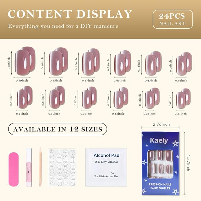 Mauve Pink Cat Eye Press on Nails Medium Square, Medium Square Press Stick on Nails Chrome for Women Gift, Mauve Holographic Glitter Glossy Reusable Gel Acrylic Fake Nail with Designs Cateye Effect