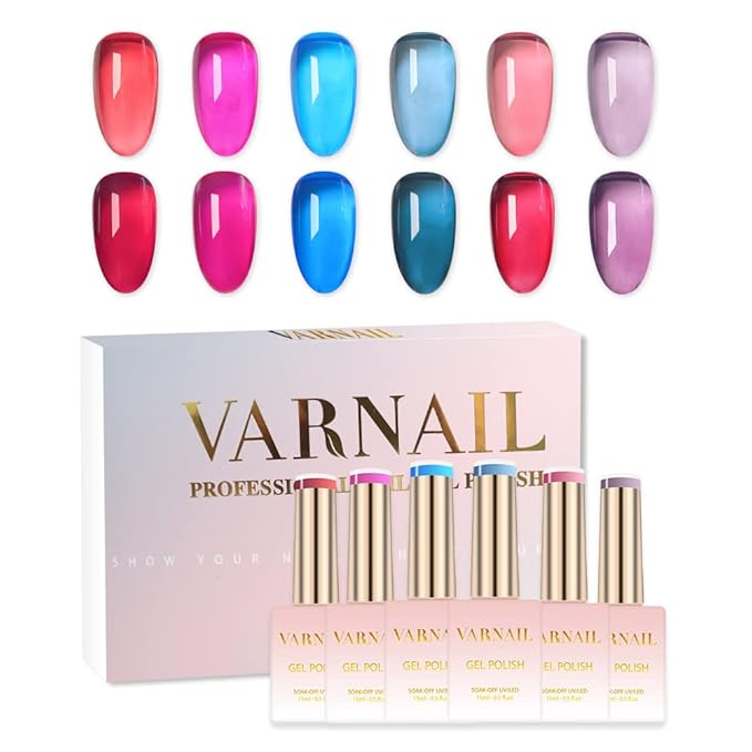 VARNAIL Cyberpunk Jelly Gel Nail Polish Kit 6 Colors 15 ml, Translucent Gel Polish, Salon Quality Soak off UV Light Gel Nail Polish Set
