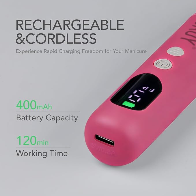 GAOY Cordless Nail Drill, Rechargeable Electric Nail File with LED Display, Lightweight Low-Noise Manicure & Pedicure Tool for Gel Removal, Acrylic Nails & DIY Home Use, Hot Pink