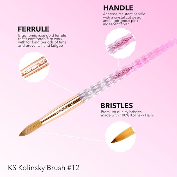 Kiara Sky Acrylic Brush #12 - Pink | 100% Pure Kolinsky | Crystal Cut Handle and Acetone Resistant