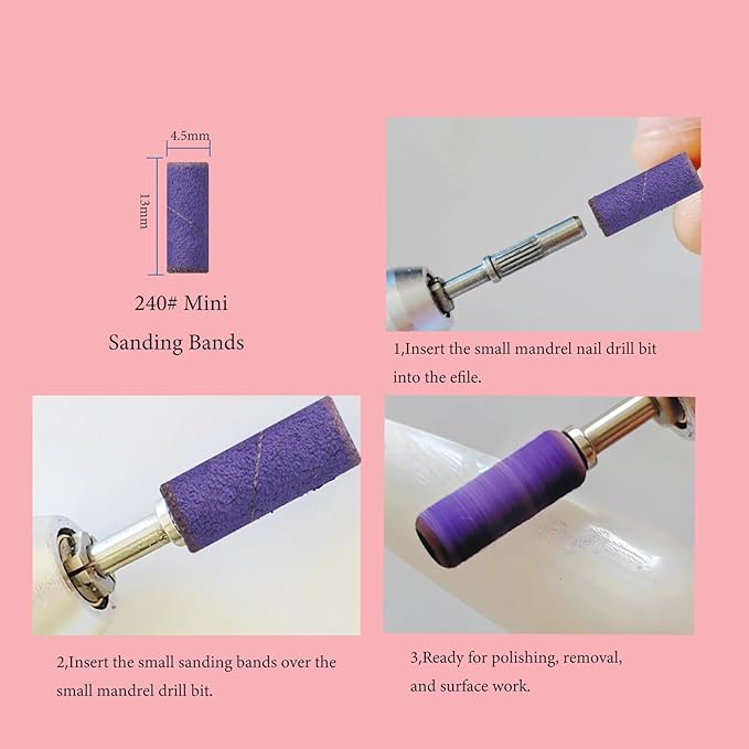 100pcs Small Nail Sanding Bands,3.1mm Mini Nail Sanding Mandrel Bits 240 Grit Extreme Fine Nail Drill Bits Nail File for Acrylic Nails Gel Manicure Pedicure Nail Prep Salon Supplies,Purple