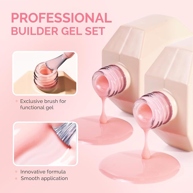 MelodySusie 2PCS 15ML Gray Pink and Pink Builder Gel Set for Nails Thickening, Soak Off UV Extension Gel Rhinestone Glue in a Bottle for Nail Art Design Gift for Women DIY Manicure at Home 012+027