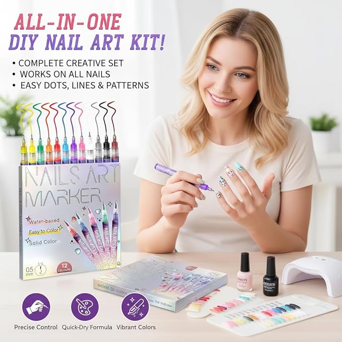 2026 New 12 Colors Nail Art Pens Set, 0.5mm Fine Tip Polish Markers for Drawing - Quick Dry Waterproof DIY Nail Art Kit for Beginners, Gel & Acrylic Nails, Home Salon Manicure Tools (1 Set)