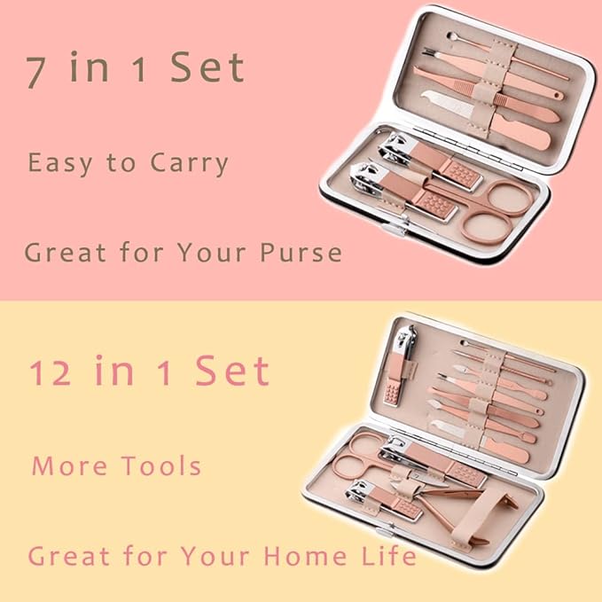 Pink Manicure Set Beauty Tool Portable - Nail Clipper Pedicure Grooming Kit Stainless Steel 7 in 1 Luxury Leather Travel Case, for Woman Girl Home Travel Gift Giving