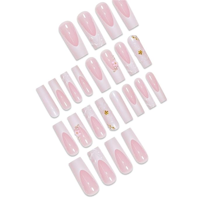 Long Square Press on Nails Pink and White French Tip Fake Nails with 3D White Flower,Pearl and Rhinestone Decor for Women 24pcs