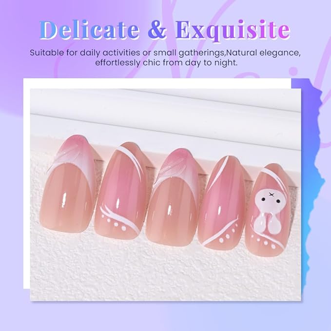 Pink Cute Bunny Teens Press On Nails Medium Almond Fake Nails for Girls With 3D Flower Bow Tie. French Tip Acrylic False Nails. Salon Quality Reusable Nails for Women Gift. 15Size - 30Pcs