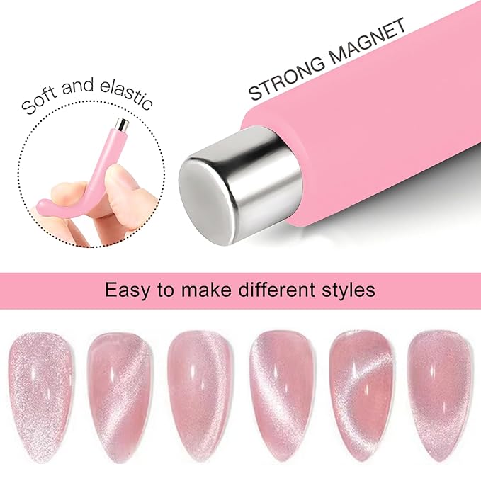 13pcs Pink Cateye Magnet for Nails Double-Ended Hexagon Nail Magnet Stick Flower Cat Eye Magnetic Pen 9 Stripe Nail Magnet Plates for Cat Eye Gel Nail Polish