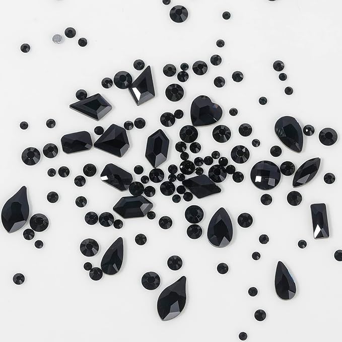 HNUIX Nail Rhinestones - 4550pcs Crystals Black, Multiple Shape Gems, Flatback Rhinestones, with Kit and Glue Gel, for Nail Art