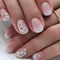 Flower Press on Nails Short Oval Fake Nails Ombre False Nails with Cute Design Glossy Glue on Nails Gradient Stick on Nail Full Cover Acrylic Artificial Nail for Women Manicure 24Pcs