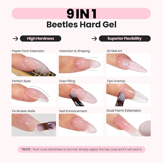 Beetles HEMA-Free Hard Gel for Nails-2 Pcs 1oz 9 in 1 Clear Jelly Pink UV/LED Lamp Cured Sculpting Stengthener Gel for Nail Extension & Nail Repair with Flat Nail Brush for Manicurist Women
