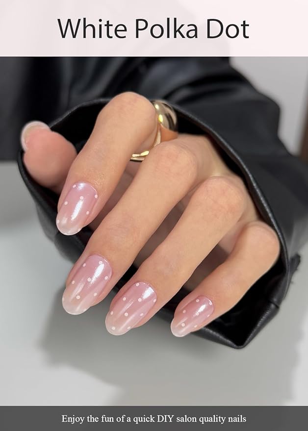 Semi Cured Gel Nail Strips (White Polka Dot), Pearl, Chrome, 20 Pcs Gel Nail Wraps, Stickers, Long Lasting, Works With Any UV Lamps
