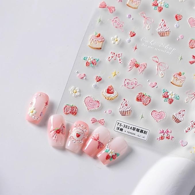 5D Embossed Nail Art Stickers Pink Nail Decals Bow Heart Cake Design Nail Stickers Cute Strawberry Nails Decoration for Women Grils Manicure Accessories