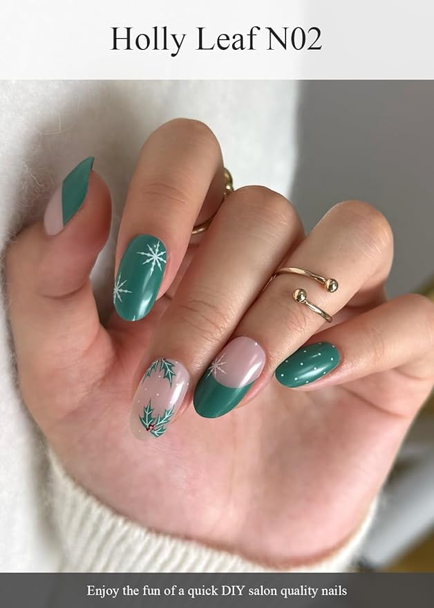 Semi Cured Gel Nail Strips (Holly Leaf N02), Christmas Green, 20 Pcs Gel Nail Wraps, Stickers, Snowflake, Wheat Ear, Works with Any UV Lamps