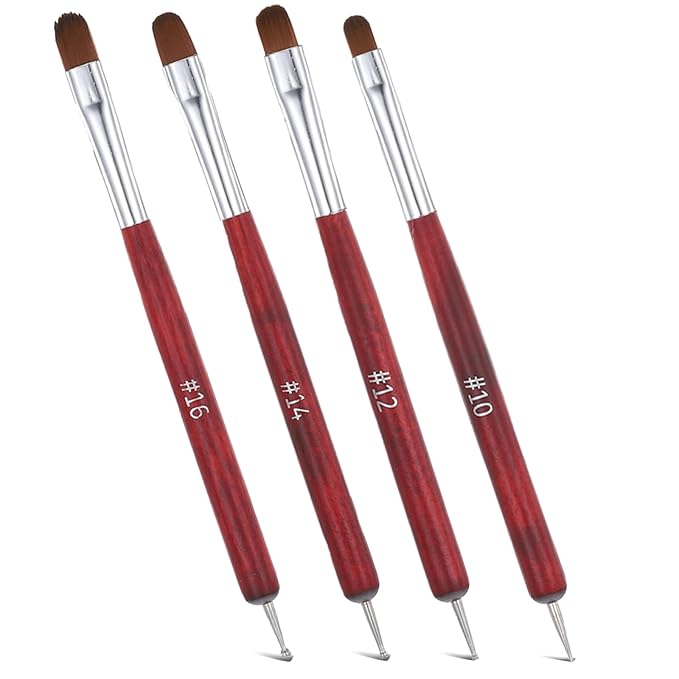 4 PCS Gel French Tip Nail Brush, 2-Way French Manicure Brush for Nails, Wooden Handle French Tip Tool, Nail Brushes for Nail Art Design Professional Manicure(10# 12# 14# 16#, Red)
