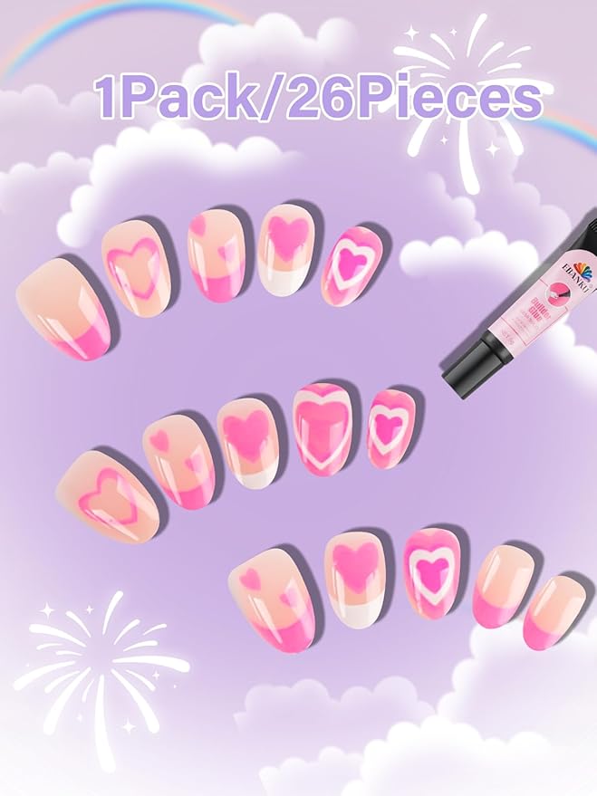 26 Pieces Press on Nails for Kids, EBANKU Kid False Nail Kit Pink Heart Press on Nail with Nail Glue Fake Nail Kits for Kids Girls
