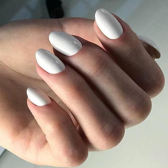 modelones Short Press on Nails, Oval Fake Nails Kit Press Ons with Nail Glue, Adhesive Tabs, Nail File, Prep Pad, Manicure Stick, 32Pcs 16 Sizes, Elegant White, Spring Women Girl Gift