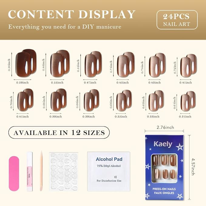 Cat Eye Nude Brown Press On Nails Medium Long Length Square, Designer Reusable Acrylic Fake Nail with Glue, Glossy Gel Nails Wedding Party, Stick On Glue On Nail, Nails Press Ons for Women