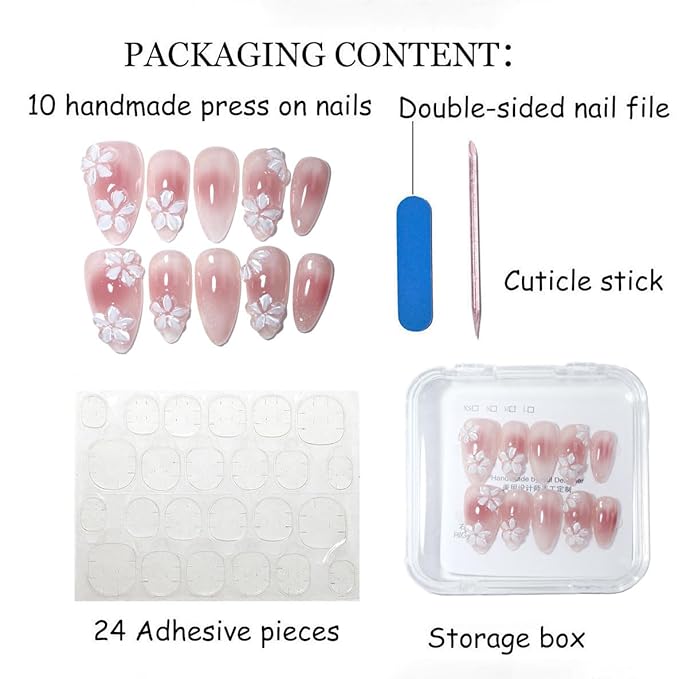 10 Medium Almond Handmade Press On Nails | Romantic Pink Blush Rendering Shimmer Fake Nails with 3D White Floral Accents | Easy Apply & Remove, Reusable Salon Quality Nails (5U14, S)