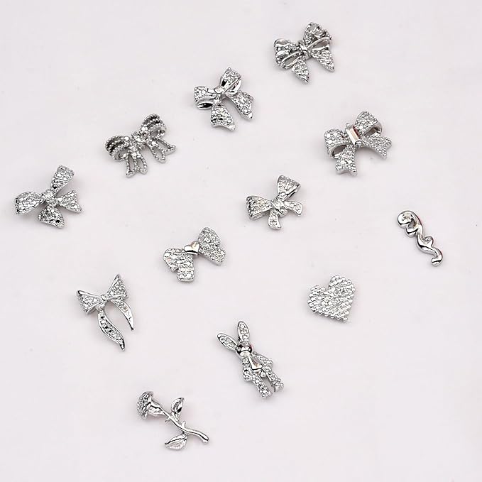 120pcs 12 Styles Black Metal Nail Charms Nail Bows Crushed Rabbit 3D Heart Rose Flower Studs Y2k Alloy Nail Decoration Rhinestone Jewelry for Acrylic Nails Art Kit Accessories Supplies