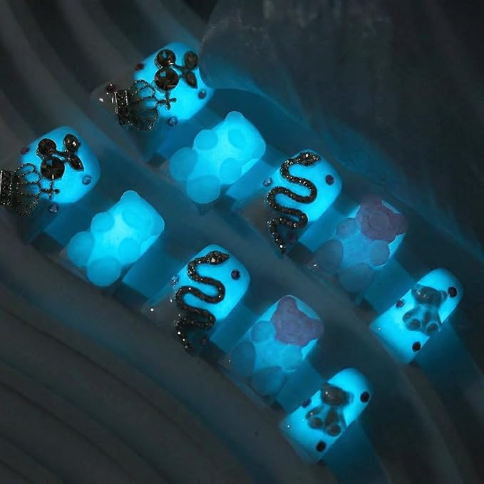 10 Pieces Luxury Acrylic Press On Nails Short Handmade Duck Nails, Glow In The Dark 3D Sugar Frosted Bear, Pink Cute Candy Bear, Thickened False Nails, Reusable Acrylic Nails (M)