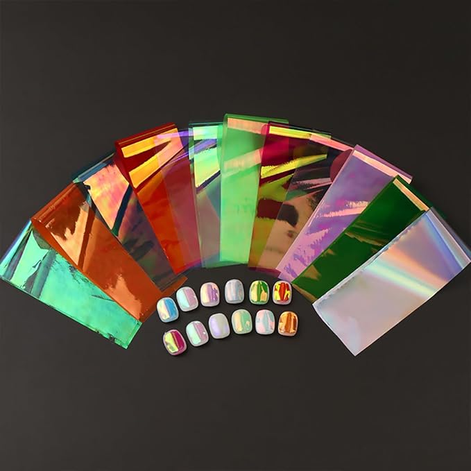 10 Rolls Aurora Nail Foil for Nail Art 3D Holographic Colorful Nail Foils Transfer Nail Transfer Foil Transparent Broken Glass Nail Art Foil Nail Design Sticker for Women Fingernails Nail Accessories