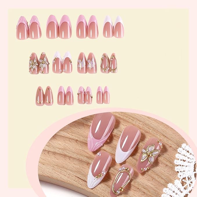 3D Press on Nails Almond - Medium French Tip Fake Nails with Embossed Flower & Gold Bead Designs, Glossy Acrylic Nails Full Cover Floral Glue on Nails for Women Manicure 24Pcs